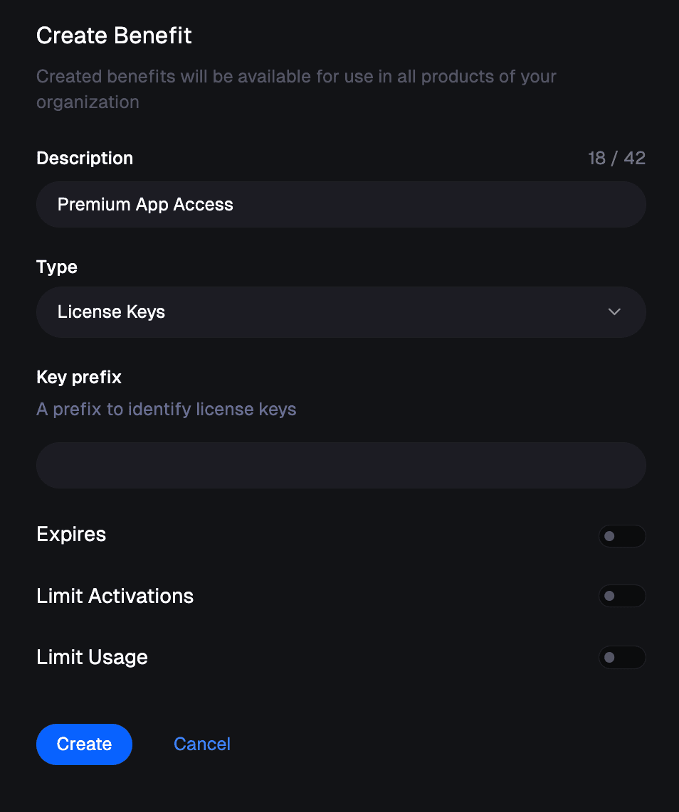 License Key Create Form